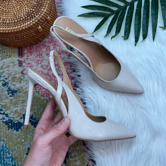 Express Off White Croc Embossed Sling Back Stiletto Heels 8 - Picture 1 of 10